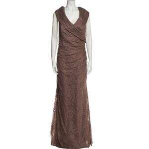 La Femme Portrait Neck Embellished Lace Linen Trumpet Evening Gown Cocoa Sz 18